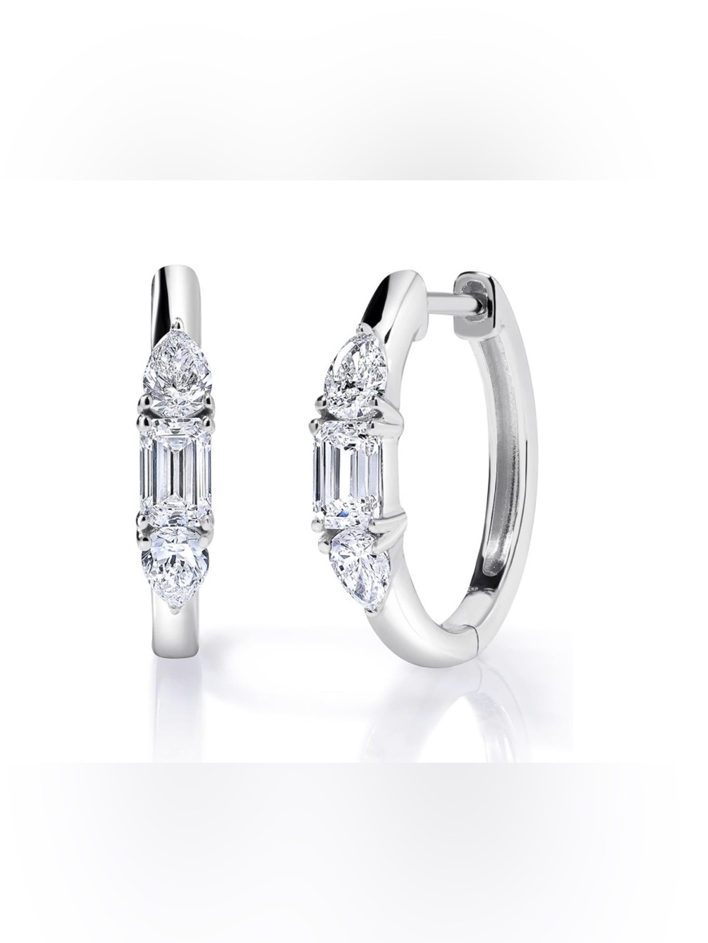 0.50 CTW Diamond Emerald Pear Cut Huggie Hoop Earrings Rhodium Sterling Silver
